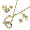 Oro Laminado Earring and Pendant Adult Set, Gold Filled Style Heart Design, with Multicolor Micro Pave, Polished, Golden Finish, 10.156.0262.3