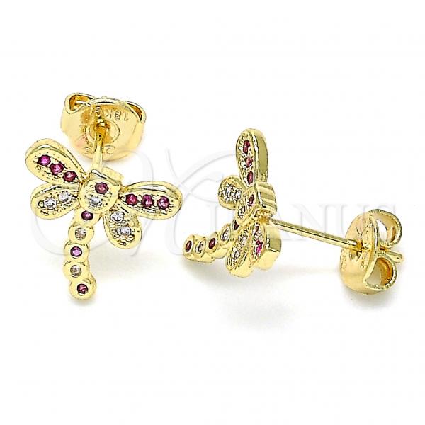 Oro Laminado Stud Earring, Gold Filled Style Dragon-Fly Design, with Ruby and White Micro Pave, Polished, Golden Finish, 02.156.0396.6