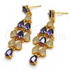 Oro Laminado Long Earring, Gold Filled Style Teardrop Design, with Dark Amethyst and White Cubic Zirconia, Polished, Golden Finish, 02.206.0046