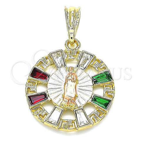 Oro Laminado Religious Pendant, Gold Filled Style Guadalupe and Greek Key Design, with Multicolor Crystal, Polished, Golden Finish, 05.380.0057