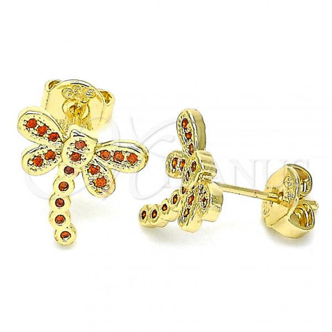 Oro Laminado Stud Earring, Gold Filled Style Dragon-Fly Design, with Garnet Micro Pave, Polished, Golden Finish, 02.156.0396.1