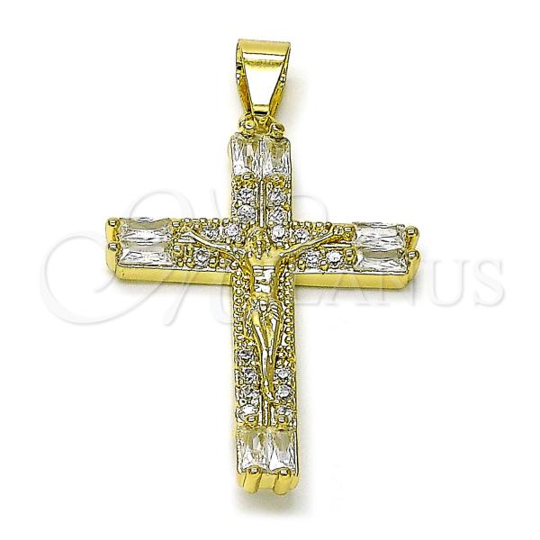 Oro Laminado Religious Pendant, Gold Filled Style Cross and Baguette Design, with White Cubic Zirconia, Polished, Golden Finish, 05.213.0152