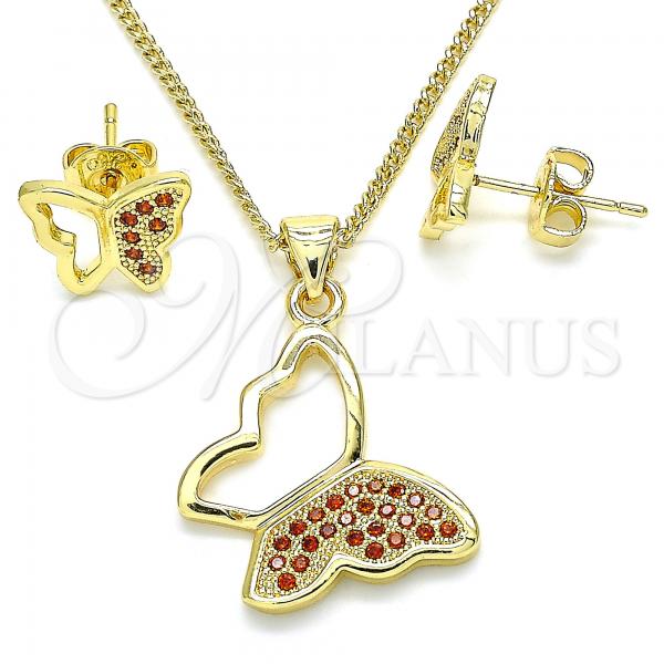 Oro Laminado Earring and Pendant Adult Set, Gold Filled Style Butterfly Design, with Garnet Micro Pave, Polished, Golden Finish, 10.156.0266.2