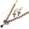 Oro Laminado Necklace and Earring, Gold Filled Style Teardrop and Leaf Design, with Amethyst and White Cubic Zirconia, Polished, Golden Finish, 06.236.0003.1