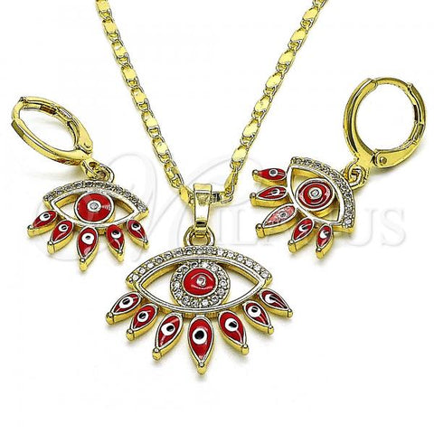 Oro Laminado Earring and Pendant Adult Set, Gold Filled Style Evil Eye Design, with White Micro Pave, Red Enamel Finish, Golden Finish, 10.196.0020.1