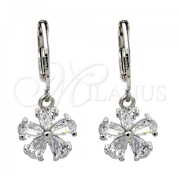 Rhodium Plated Dangle Earring, Flower Design, with White Cubic Zirconia, Polished, Rhodium Finish, 02.217.0059.2