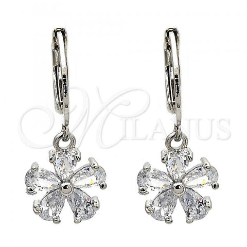 Rhodium Plated Dangle Earring, Flower Design, with White Cubic Zirconia, Polished, Rhodium Finish, 02.217.0059.2