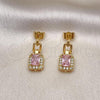 Oro Laminado Dangle Earring, Gold Filled Style with Pink Cubic Zirconia and White Micro Pave, Polished, Golden Finish, 02.283.0071