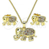 Oro Laminado Earring and Pendant Adult Set, Gold Filled Style Elephant Design, with Multicolor Micro Pave, Polished, Golden Finish, 10.284.0016