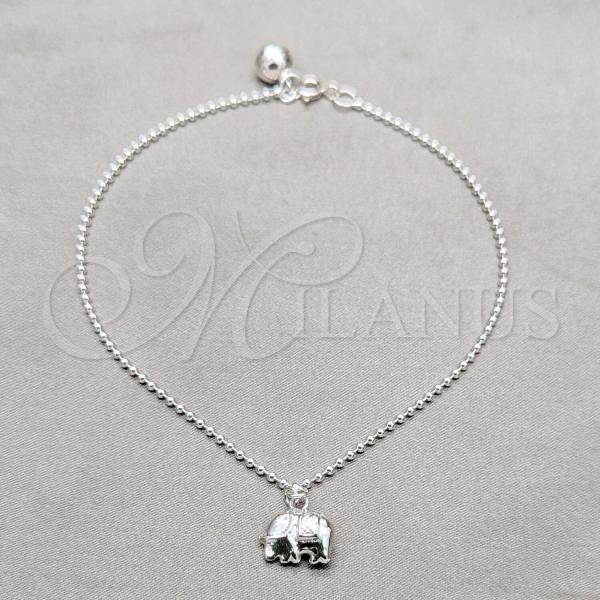 Sterling Silver Fancy Anklet, Ball and Elephant Design, Polished, Silver Finish, 03.409.0087.10