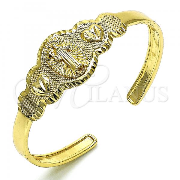 Oro Laminado Individual Bangle, Gold Filled Style San Benito and Heart Design, Diamond Cutting Finish, Golden Finish, 07.253.0021