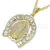 Oro Laminado Religious Pendant, Gold Filled Style Guadalupe Design, with White Crystal, Polished, Golden Finish, 05.351.0148