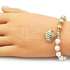 Oro Laminado Fancy Bracelet, Gold Filled Style Shell and Expandable Bead Design, with Ivory Pearl and Ruby Cubic Zirconia, Polished, Golden Finish, 03.341.0252.07