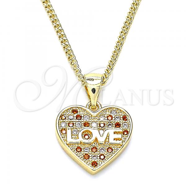 Oro Laminado Pendant Necklace, Gold Filled Style Heart and Love Design, with Garnet and White Micro Pave, Polished, Golden Finish, 04.156.0364.1.20