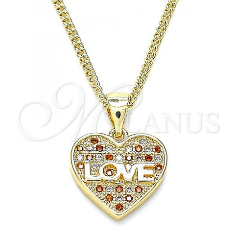 Oro Laminado Pendant Necklace, Gold Filled Style Heart and Love Design, with Garnet and White Micro Pave, Polished, Golden Finish, 04.156.0364.1.20