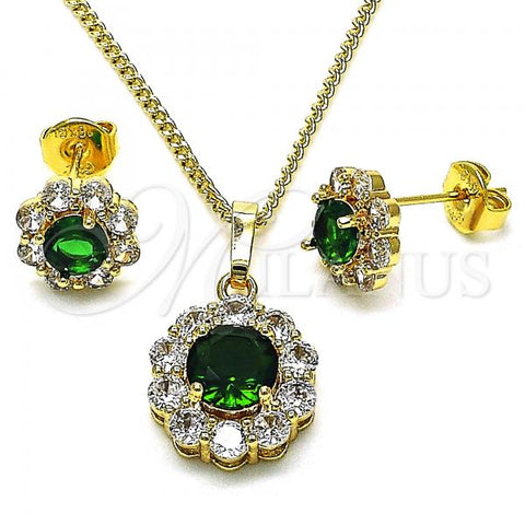 Oro Laminado Earring and Pendant Adult Set, Gold Filled Style Flower Design, with Green and White Cubic Zirconia, Polished, Golden Finish, 10.199.0086.9