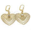 Oro Laminado Dangle Earring, Gold Filled Style Heart Design, with White Crystal, Diamond Cutting Finish, Golden Finish, 69.013