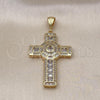 Oro Laminado Religious Pendant, Gold Filled Style Cross Design, with White Cubic Zirconia, Polished, Golden Finish, 05.253.0186