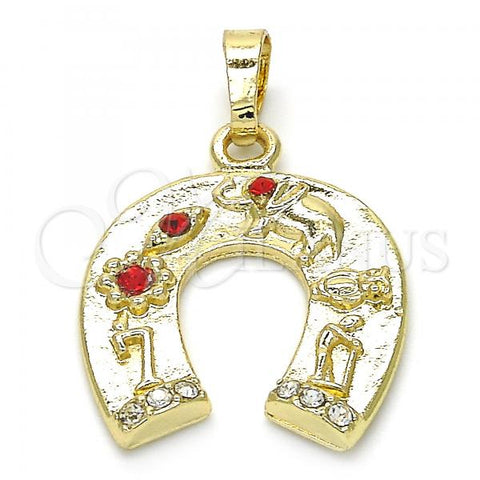 Oro Laminado Fancy Pendant, Gold Filled Style Elephant and Flower Design, with Garnet and White Crystal, Polished, Golden Finish, 05.213.0028