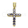 Oro Laminado Religious Pendant, Gold Filled Style Cross Design, with Amethyst Cubic Zirconia, Polished, Golden Finish, 05.253.0183.4