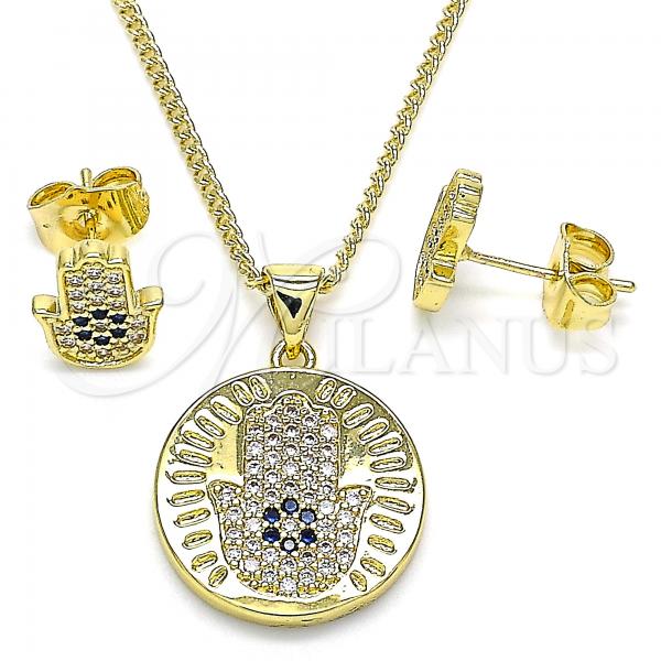 Oro Laminado Earring and Pendant Adult Set, Gold Filled Style Hand of God Design, with Sapphire Blue Micro Pave, Polished, Golden Finish, 10.156.0353