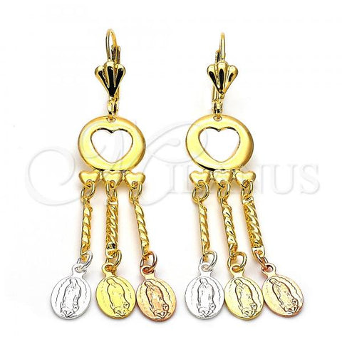 Oro Laminado Chandelier Earring, Gold Filled Style Guadalupe and Heart Design, Diamond Cutting Finish, Tricolor, 59.006