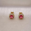 Oro Laminado Stud Earring, Gold Filled Style Cluster Design, with Ruby Cubic Zirconia and White Micro Pave, Polished, Golden Finish, 02.342.0340