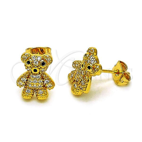 Oro Laminado Stud Earring, Gold Filled Style Teddy Bear Design, with White and Black Micro Pave, Polished, Golden Finish, 02.342.0267