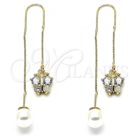 Oro Laminado Threader Earring, Gold Filled Style Butterfly Design, with White Micro Pave, Polished, Golden Finish, 02.210.0337