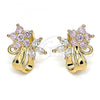 Oro Laminado Stud Earring, Gold Filled Style Flower and Leaf Design, with Pink and White Cubic Zirconia, Polished, Golden Finish, 02.387.0014