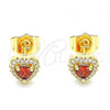 Oro Laminado Stud Earring, Gold Filled Style Heart Design, with Garnet Cubic Zirconia and White Micro Pave, Polished, Golden Finish, 02.156.0498.1