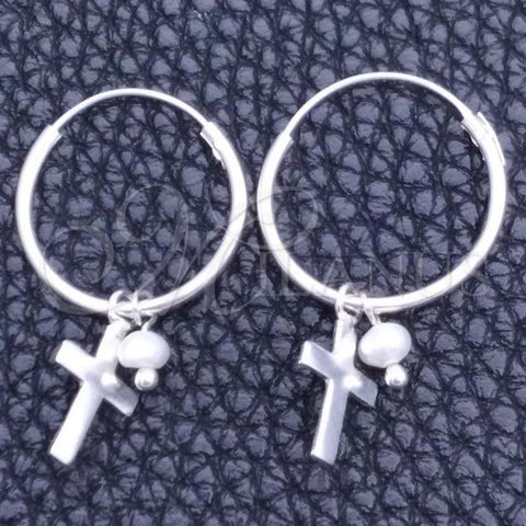 Sterling Silver Small Hoop, Cross Design, with Ivory Pearl, Polished, Silver Finish, 02.401.0019.15