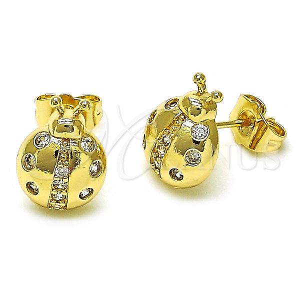 Oro Laminado Stud Earring, Gold Filled Style Ladybug Design, with White Cubic Zirconia, Polished, Golden Finish, 02.411.0006