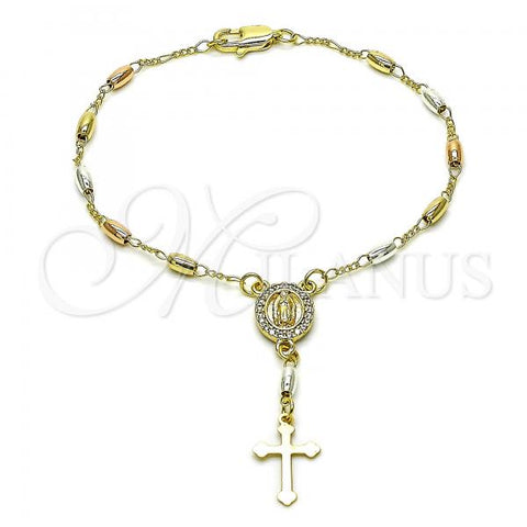 Oro Laminado Bracelet Rosary, Gold Filled Style Guadalupe and Cross Design, with White Micro Pave, Polished, Tricolor, 09.253.0072.08
