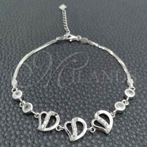 Sterling Silver Fancy Bracelet, Heart Design, with White Cubic Zirconia, Polished, Silver Finish, 03.400.0001.07