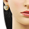 Oro Laminado Stud Earring, Gold Filled Style Heart Design, Diamond Cutting Finish, Golden Finish, 02.163.0324