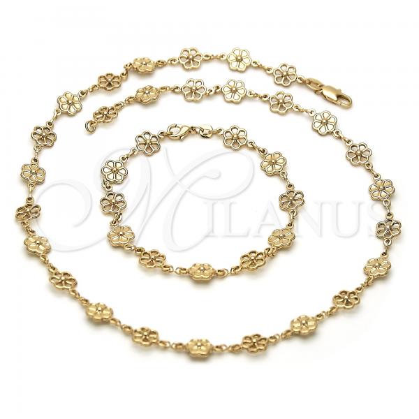 Oro Laminado Necklace and Bracelet, Gold Filled Style Flower Design, Polished, Golden Finish, 06.65.0114