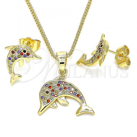 Oro Laminado Earring and Pendant Adult Set, Gold Filled Style Dolphin Design, with Multicolor Micro Pave, Polished, Golden Finish, 10.316.0063