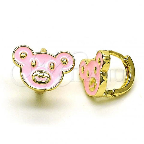 Oro Laminado Huggie Hoop, Gold Filled Style Teddy Bear Design, Pink Enamel Finish, Golden Finish, 02.210.0787.1.10