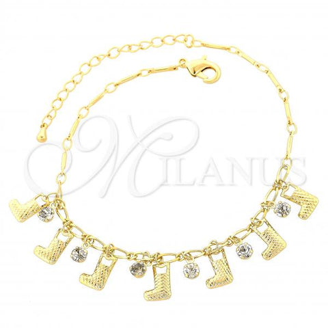 Oro Laminado Charm Bracelet, Gold Filled Style Shoes Design, with White Cubic Zirconia, Diamond Cutting Finish, Golden Finish, 03.63.0644.10