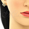 Oro Laminado Stud Earring, Gold Filled Style Heart and Hand Design, with White Micro Pave, Polished, Golden Finish, 02.156.0390