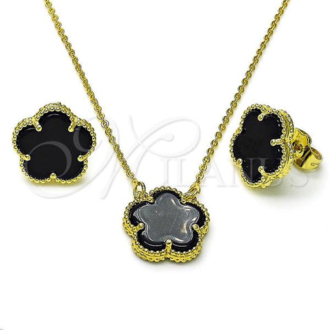 Oro Laminado Earring and Pendant Adult Set, Gold Filled Style Flower and Rolo Design, with Black Opal, Polished, Golden Finish, 10.313.0008.1