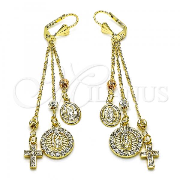 Oro Laminado Long Earring, Gold Filled Style Guadalupe and Cross Design, with White Crystal and White Cubic Zirconia, Polished, Tricolor, 02.253.0072