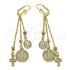 Oro Laminado Long Earring, Gold Filled Style Guadalupe and Cross Design, with White Crystal and White Cubic Zirconia, Polished, Tricolor, 02.253.0072