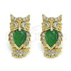 Oro Laminado Stud Earring, Gold Filled Style Owl Design, with Green and White Cubic Zirconia, Polished, Golden Finish, 02.210.0161.3