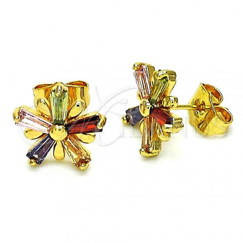 Oro Laminado Stud Earring, Gold Filled Style Flower Design, with Multicolor Cubic Zirconia, Polished, Golden Finish, 02.387.0102.1
