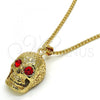 Oro Laminado Pendant Necklace, Gold Filled Style Skull Design, with Garnet Crystal, Polished, Golden Finish, 04.242.0059.30