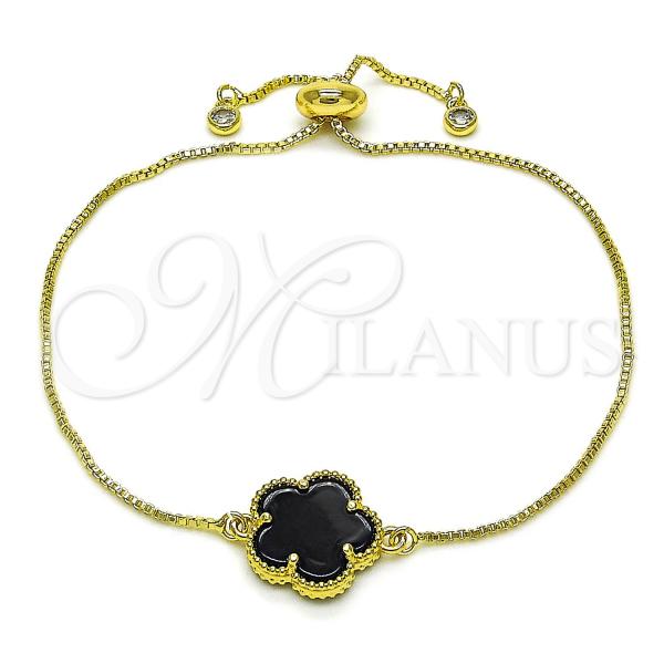 Oro Laminado Adjustable Bolo Bracelet, Gold Filled Style Flower and Box Design, with Black Opal, Polished, Golden Finish, 03.313.0041.3.11