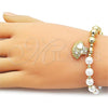 Oro Laminado Fancy Bracelet, Gold Filled Style Expandable Bead and Shell Design, with Ivory Pearl and White Cubic Zirconia, White Enamel Finish, Golden Finish, 03.341.2294.07
