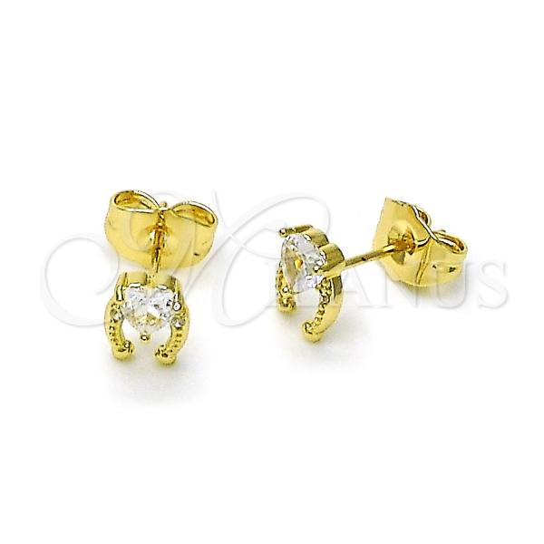 Oro Laminado Stud Earring, Gold Filled Style Horseshoe and Heart Design, with White Cubic Zirconia, Polished, Golden Finish, 02.60.0166